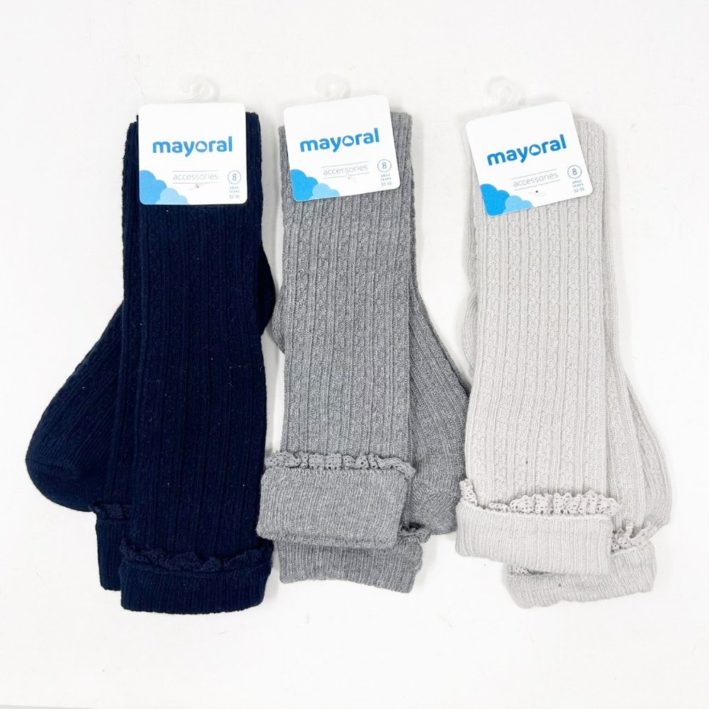 Mayoral Girls Size 8 Cable Knit Knee High Socks Bundle Navy, Grey & Light Grey